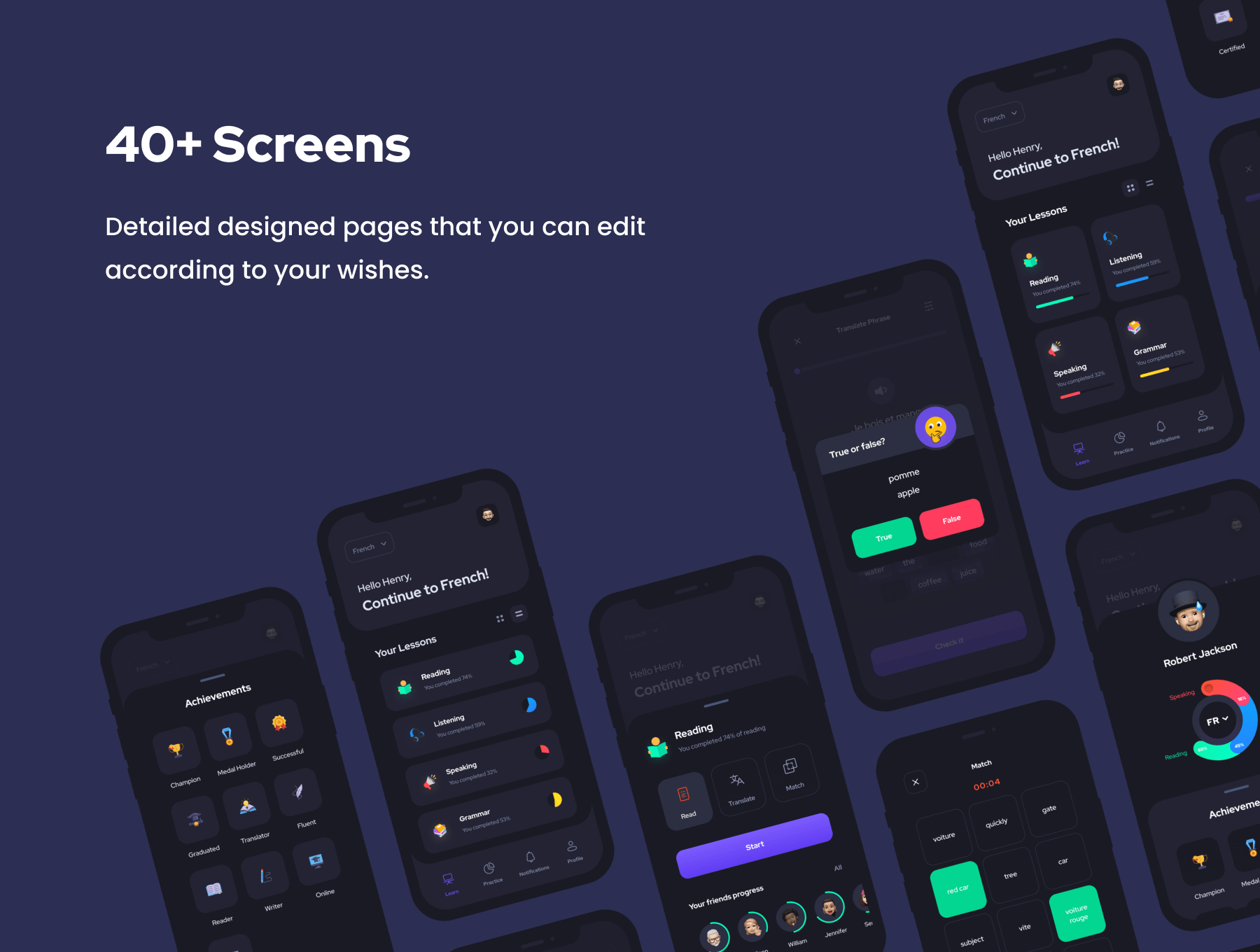 一套深色主题语言学习APP UI KIT素材