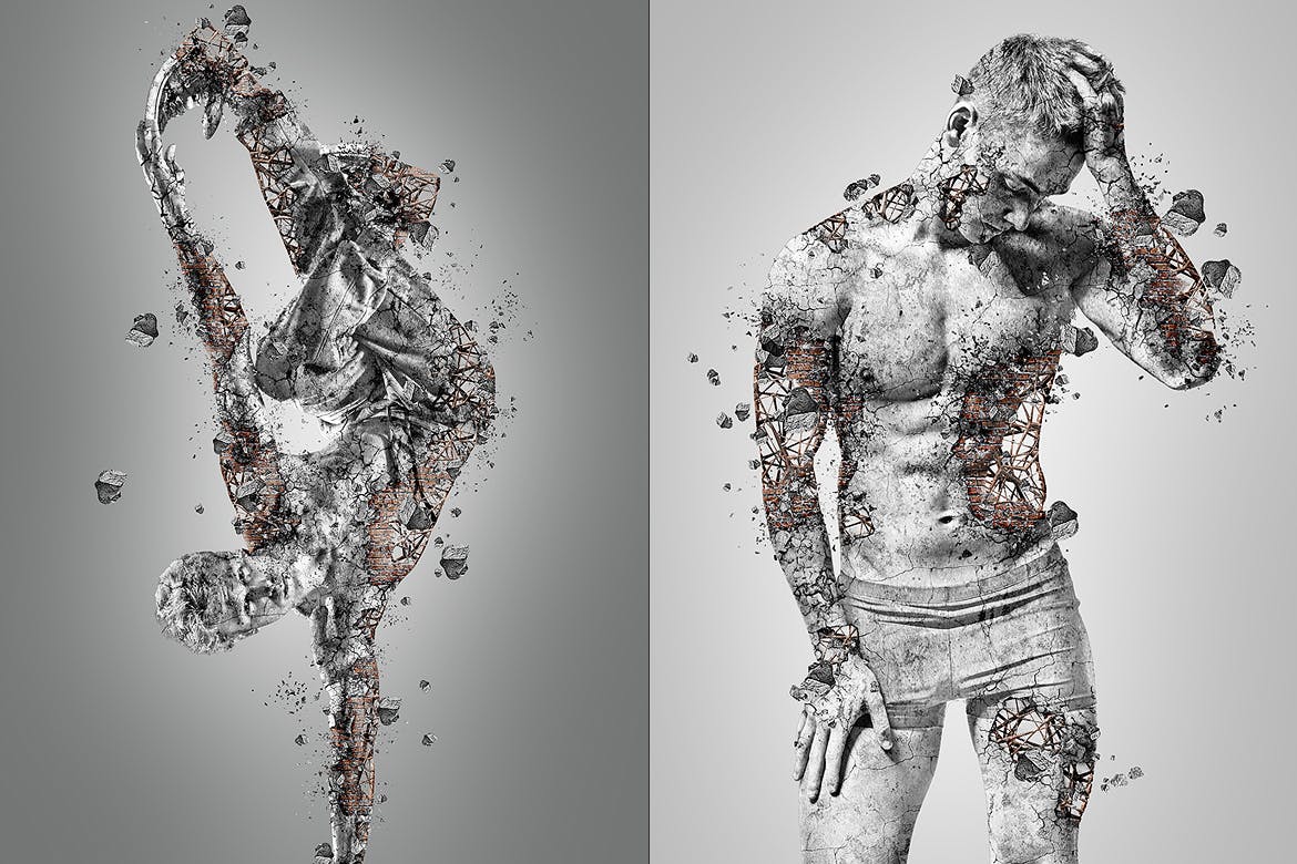 一个效果震撼的钢筋混凝土倒塌破碎风格PS动作素材