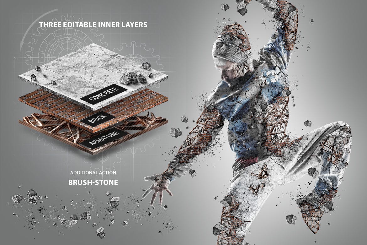 一个效果震撼的钢筋混凝土倒塌破碎风格PS动作素材