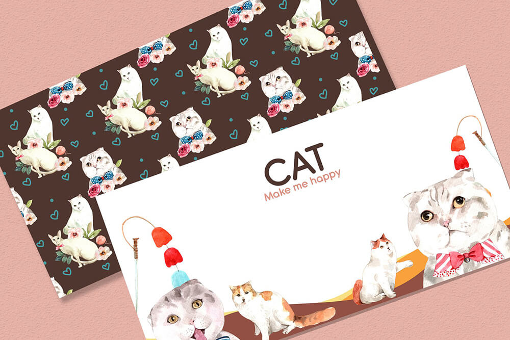 一组超级可爱的猫咪宠物水彩插画素材