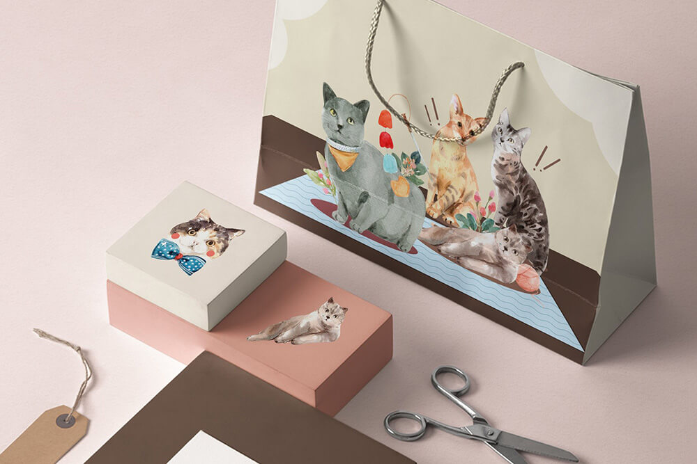 一组超级可爱的猫咪宠物水彩插画素材