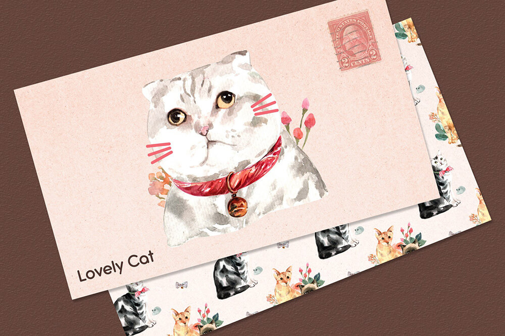 一组超级可爱的猫咪宠物水彩插画素材