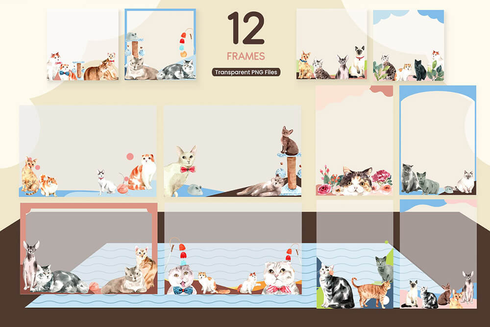 一组超级可爱的猫咪宠物水彩插画素材