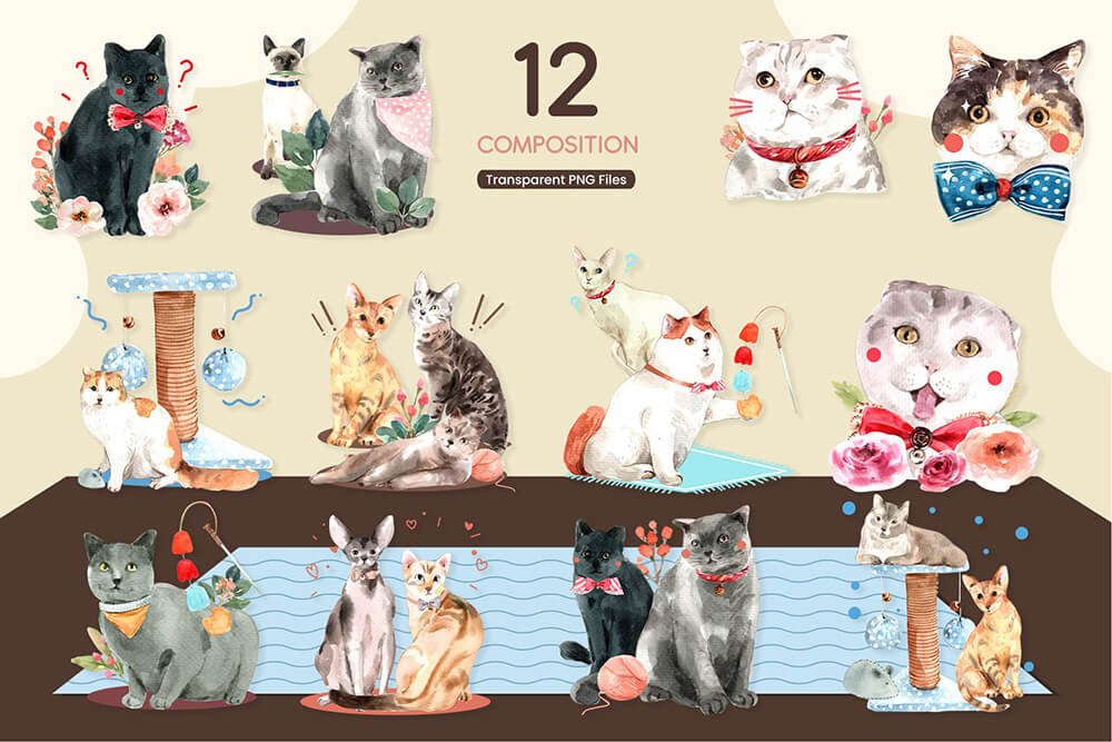 一组超级可爱的猫咪宠物水彩插画素材