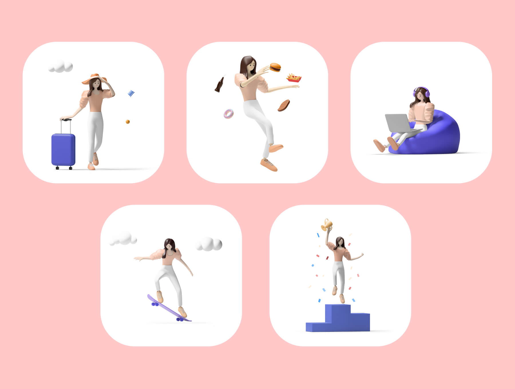 一套轻松活泼的3D人物及元素素材