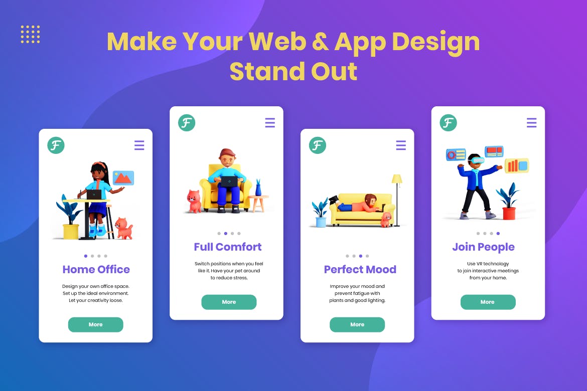 3D卡通造型居家办公小人家具场景素材