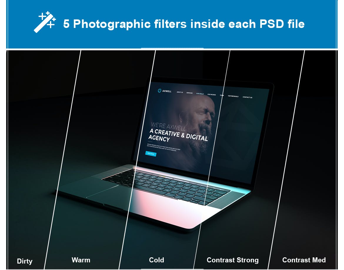 一套高品质深色背景Macbook电脑PSD样机素材