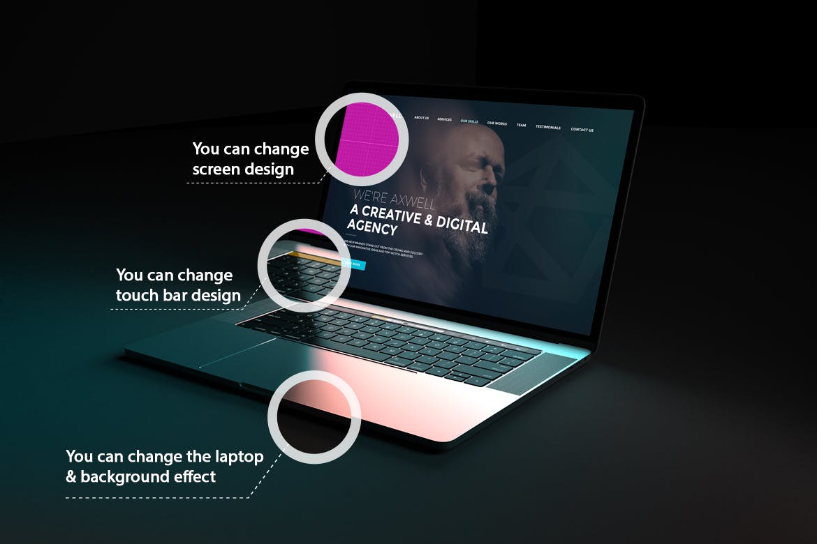 一套高品质深色背景Macbook电脑PSD样机素材