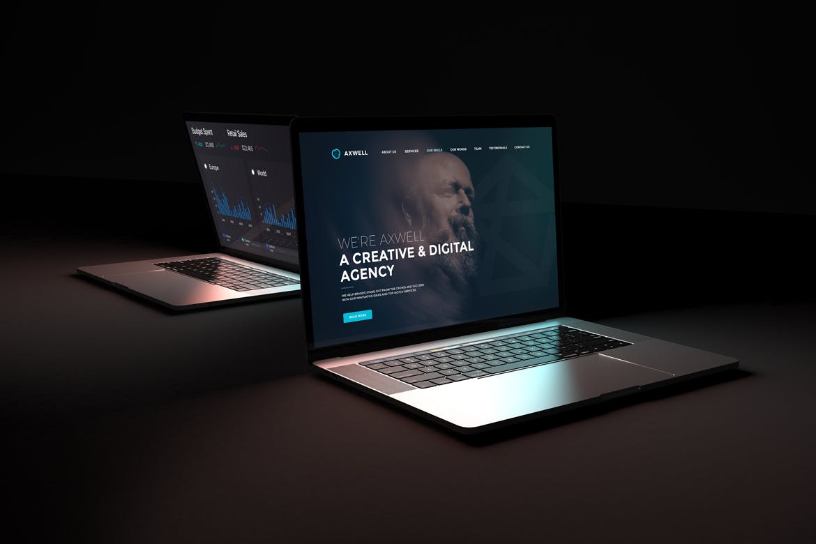 一套高品质深色背景Macbook电脑PSD样机素材