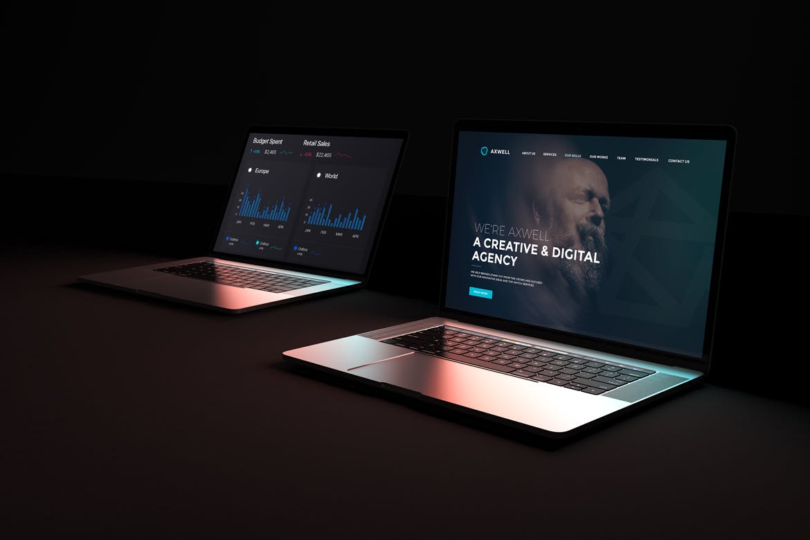 一套高品质深色背景Macbook电脑PSD样机素材