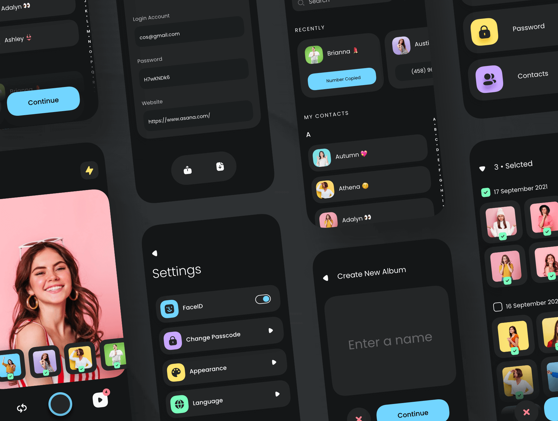 80个色彩炫丽的照片相册通讯录主题黑白模式APP UI kit素材包