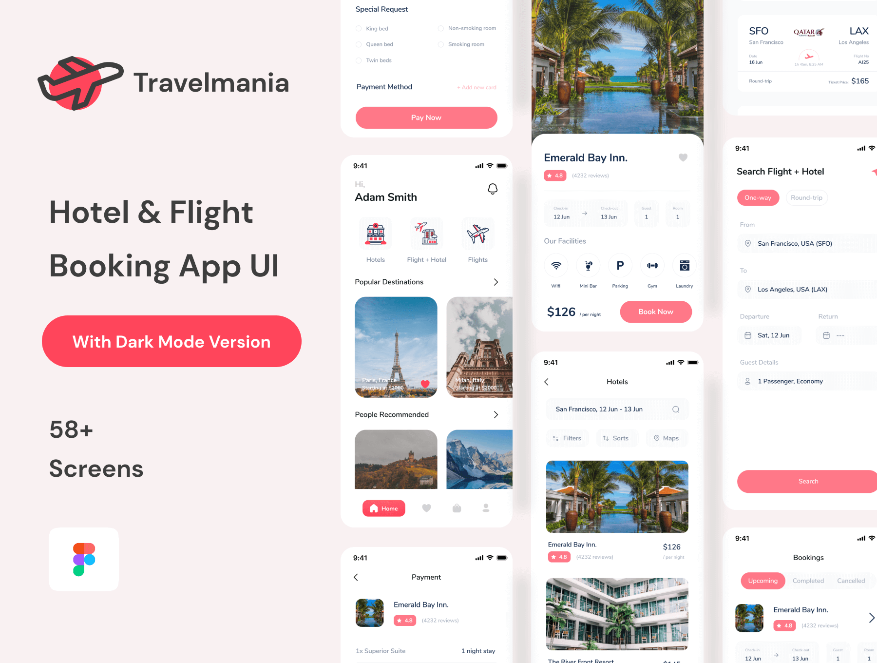 58个旅行相关酒店机票预订主题APP UI KIT素材包（Figma）