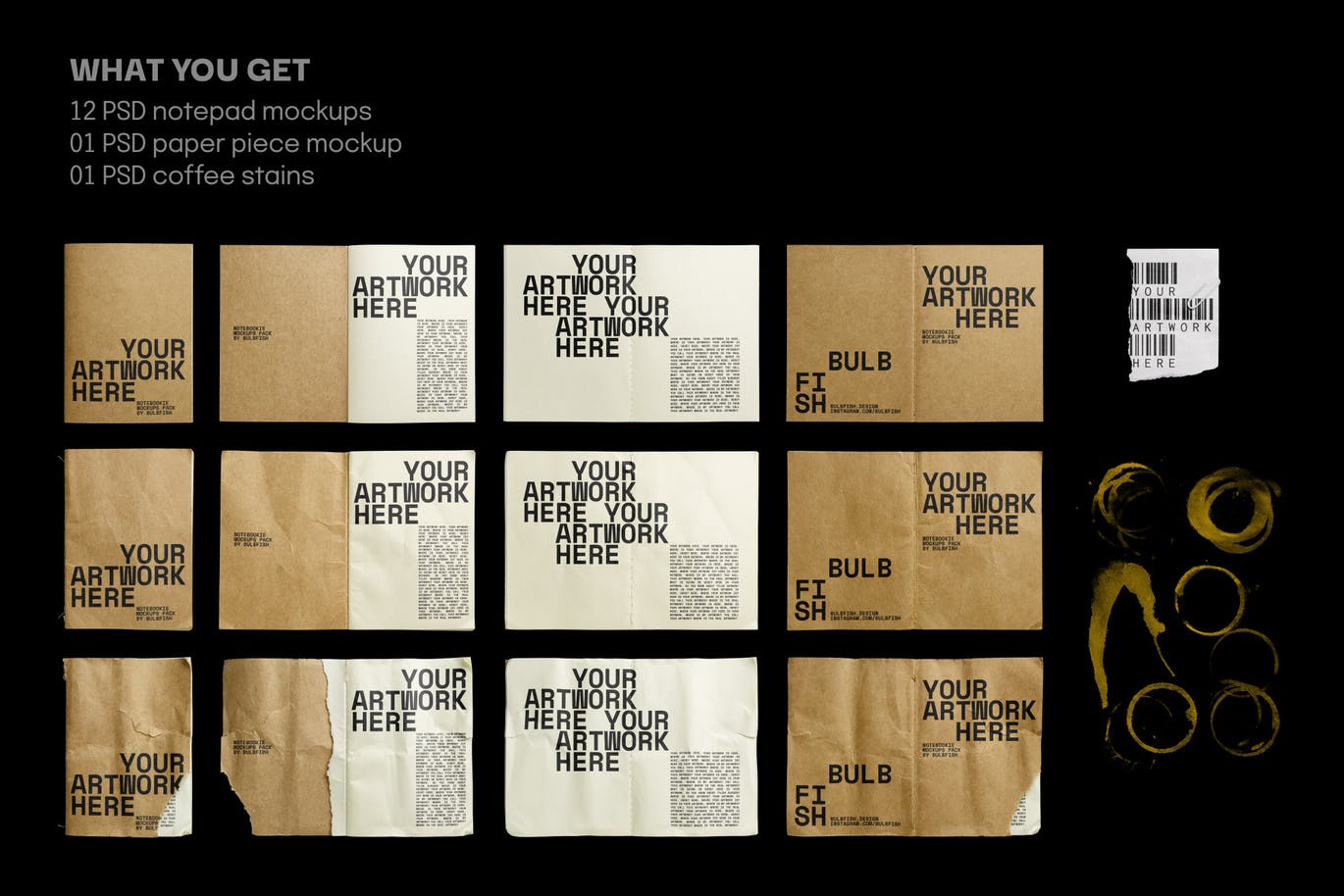 12个高级逼真的牛皮纸笔记本VI样机PSD设计素材模型