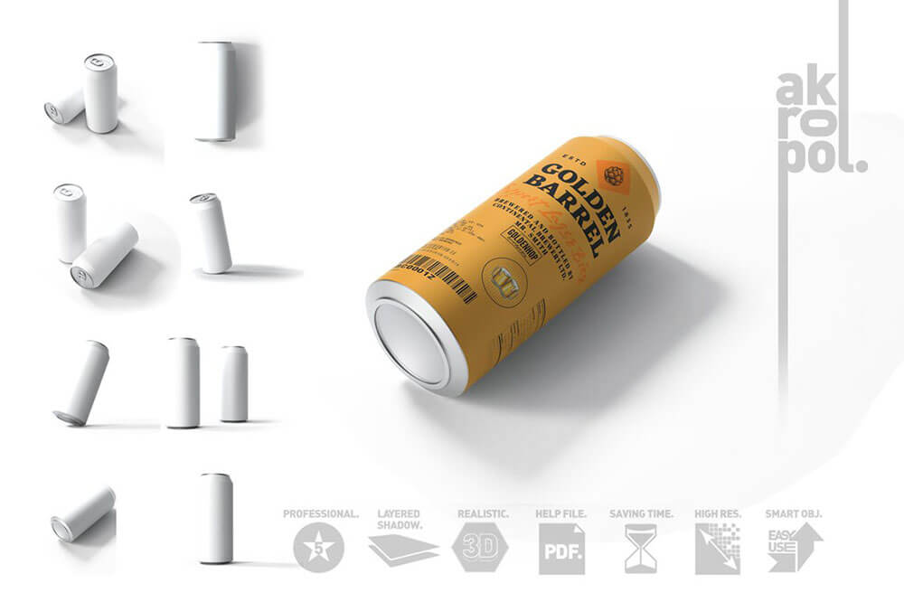 一款效果逼真的啤酒罐外观品牌样机PSD素材模板