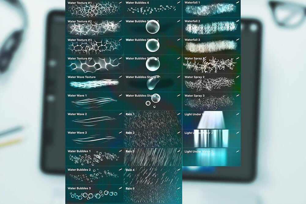 30+逼真水波纹理/气泡元素Procreate笔刷素材