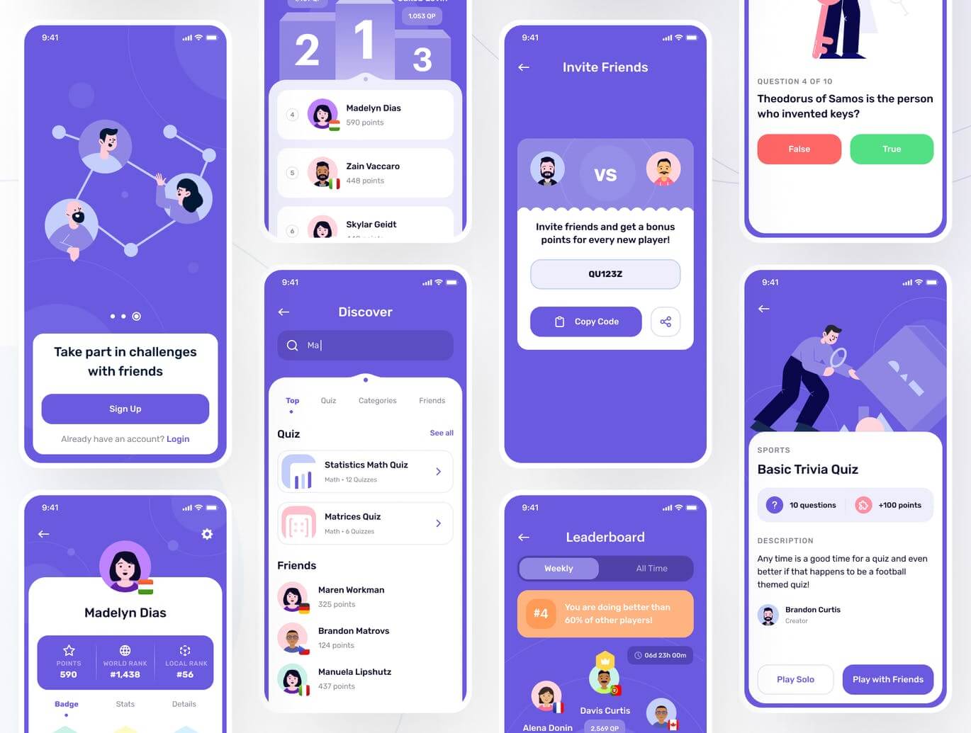 紫色风格问答和琐事游戏主题APP UI KIT素材包（Figma）