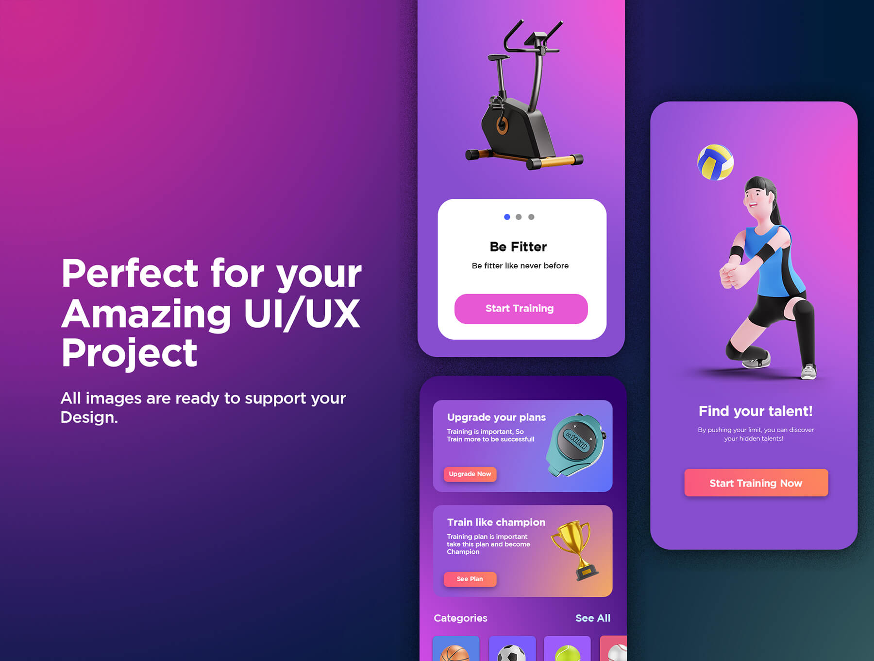 一套3D角色运动类插画和3D运动元素ICON素材包