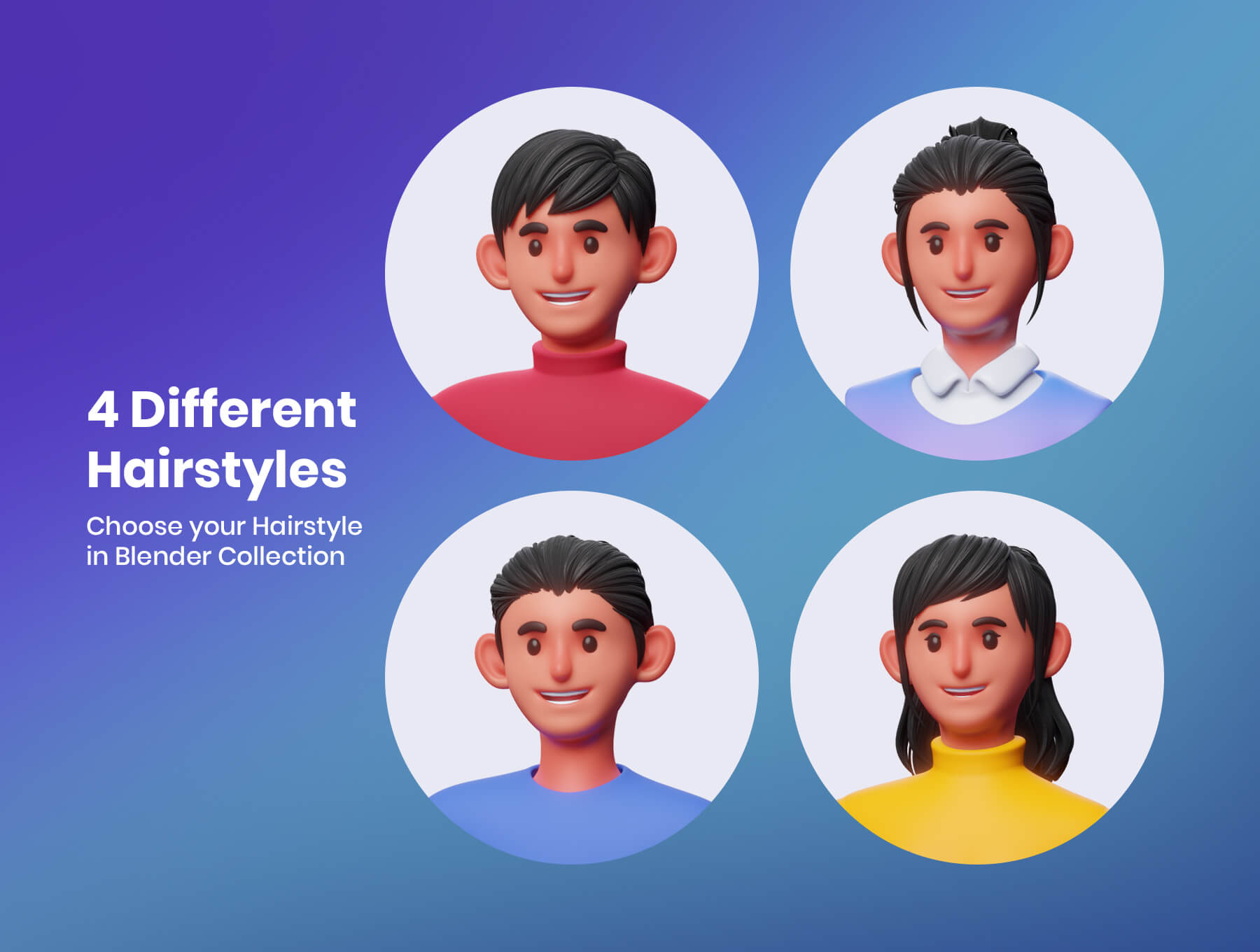 4种不同风格3D人物角色卡通IP素材包（Blender）