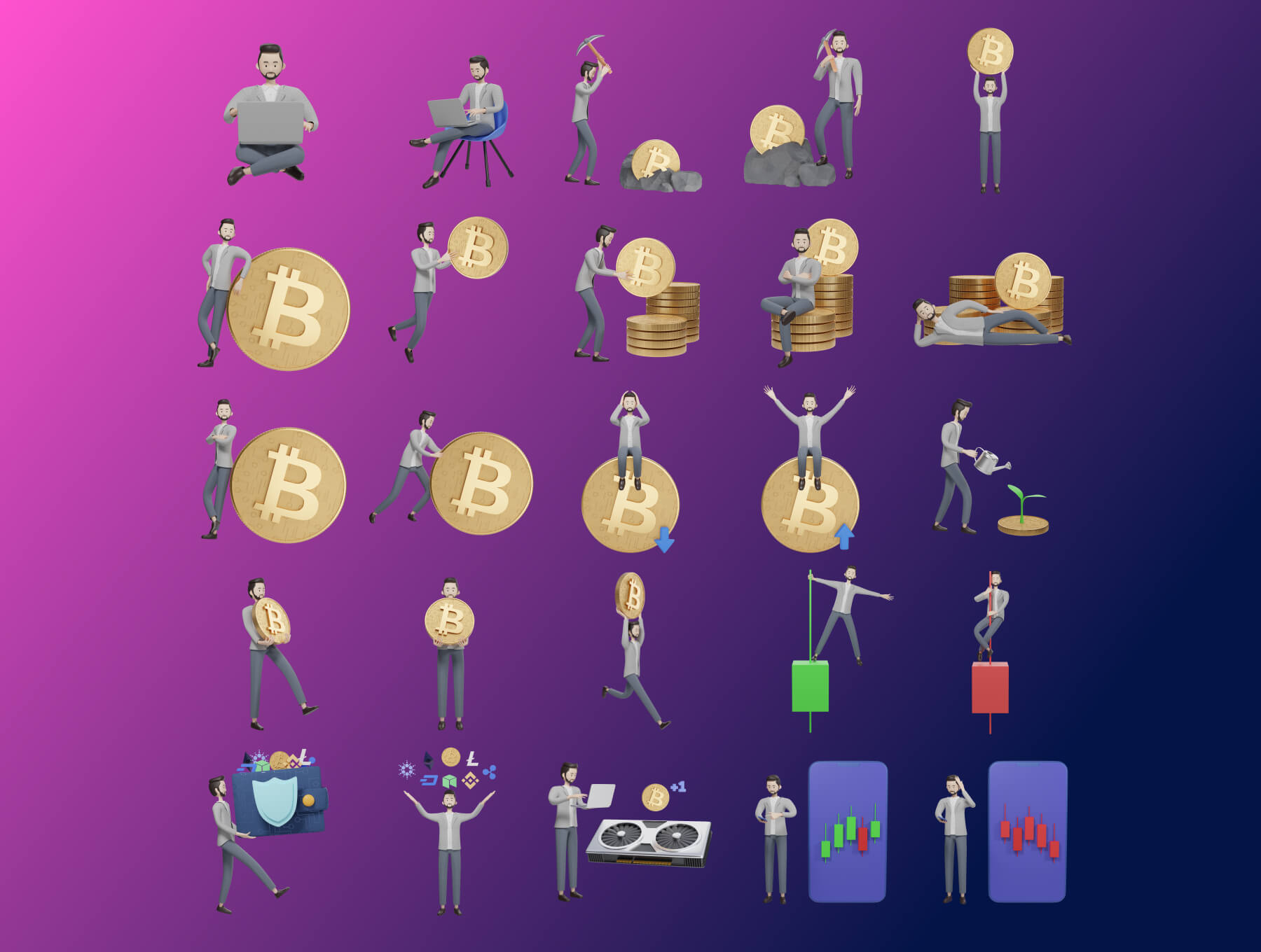 8种不同角色3D元素对象3D角色包加密插图素材