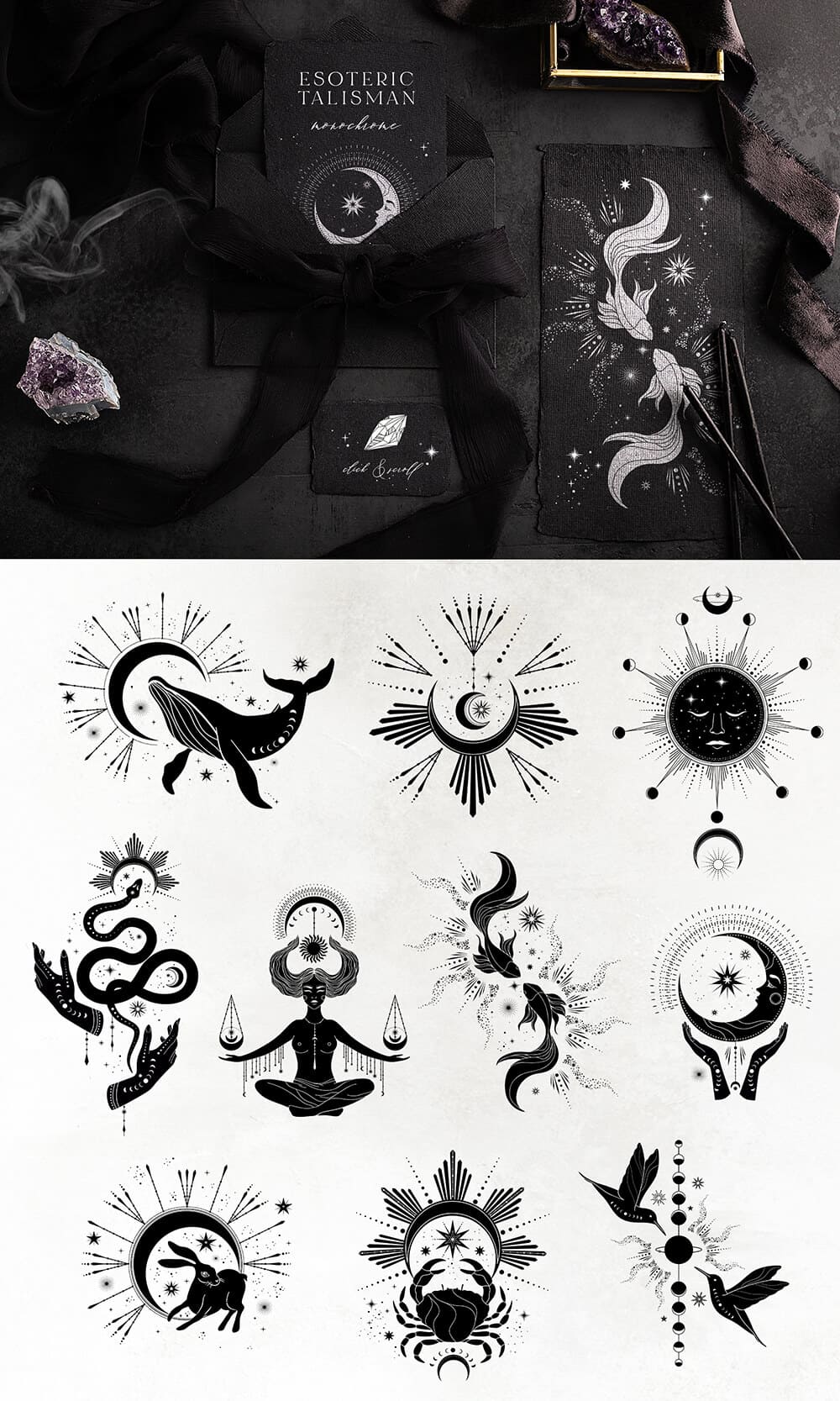 神秘的魔法古老占卜星座元素系列插画素材包