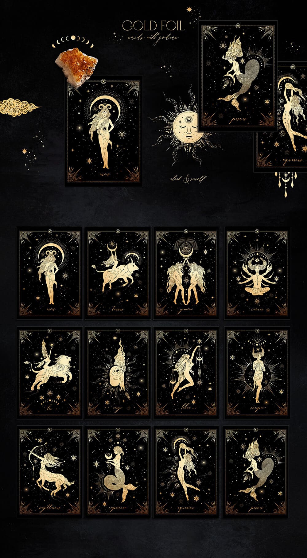 神秘的魔法古老占卜星座元素系列插画素材包