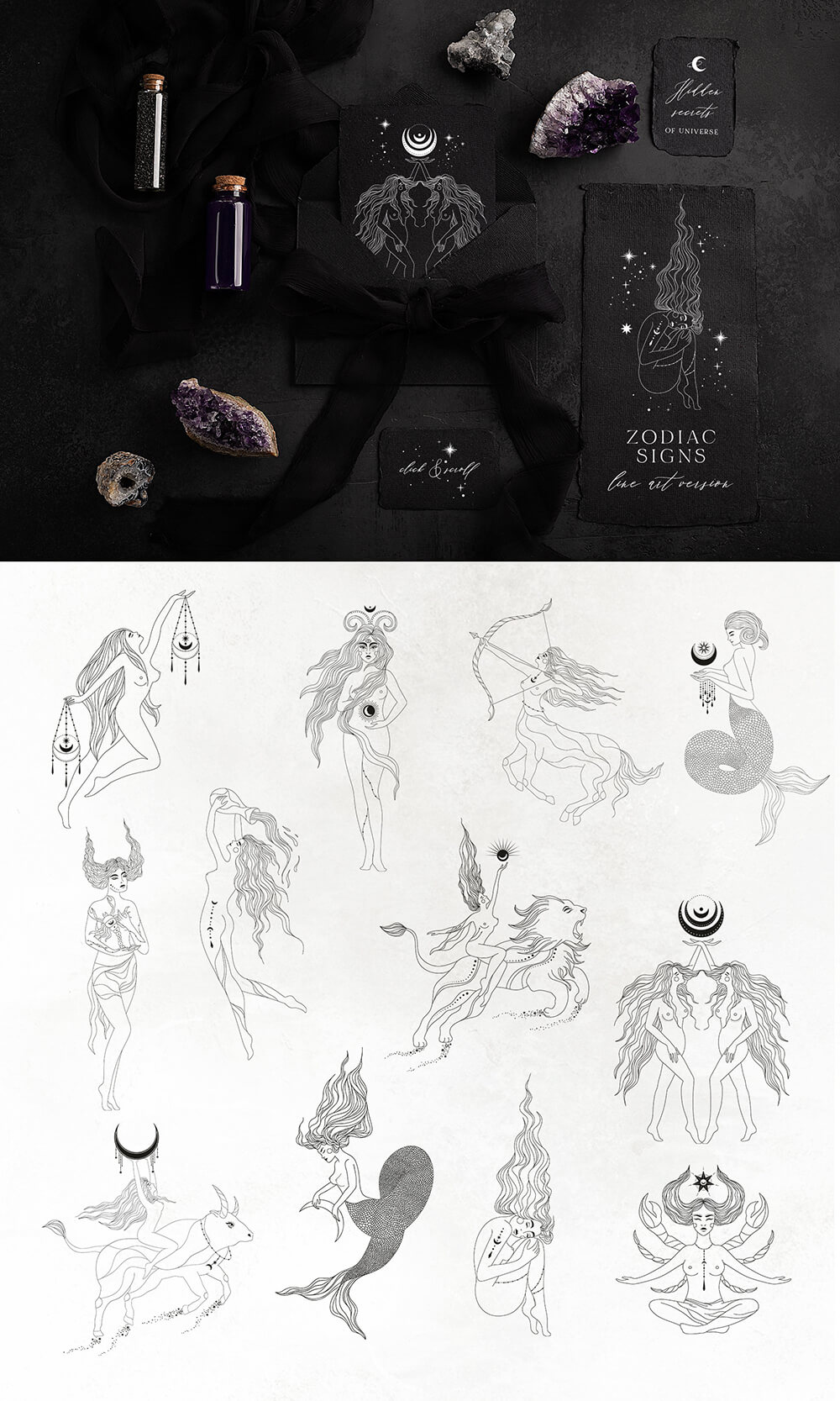 神秘的魔法古老占卜星座元素系列插画素材包