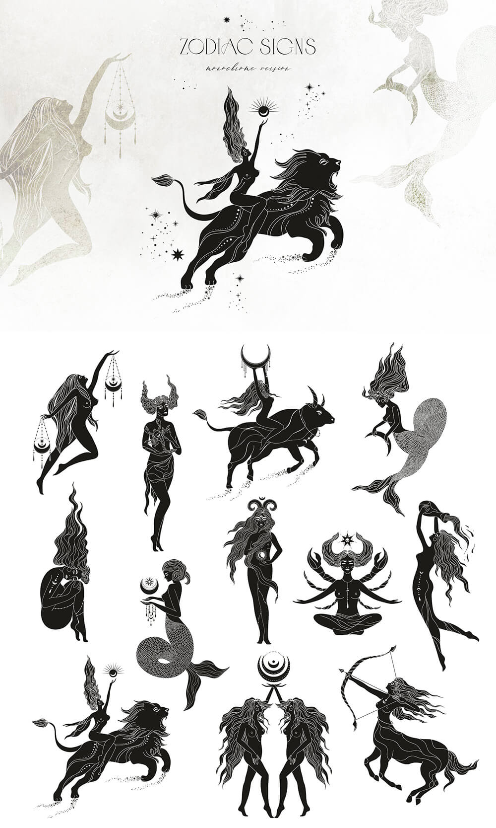 神秘的魔法古老占卜星座元素系列插画素材包