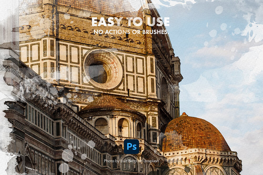 PHOTOSHOP中一键生成水彩画照片效果PSD素材模板