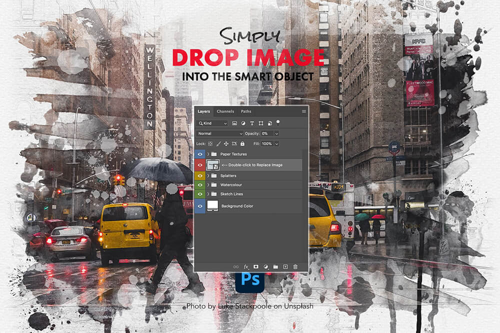 PHOTOSHOP中一键生成水彩画照片效果PSD素材模板