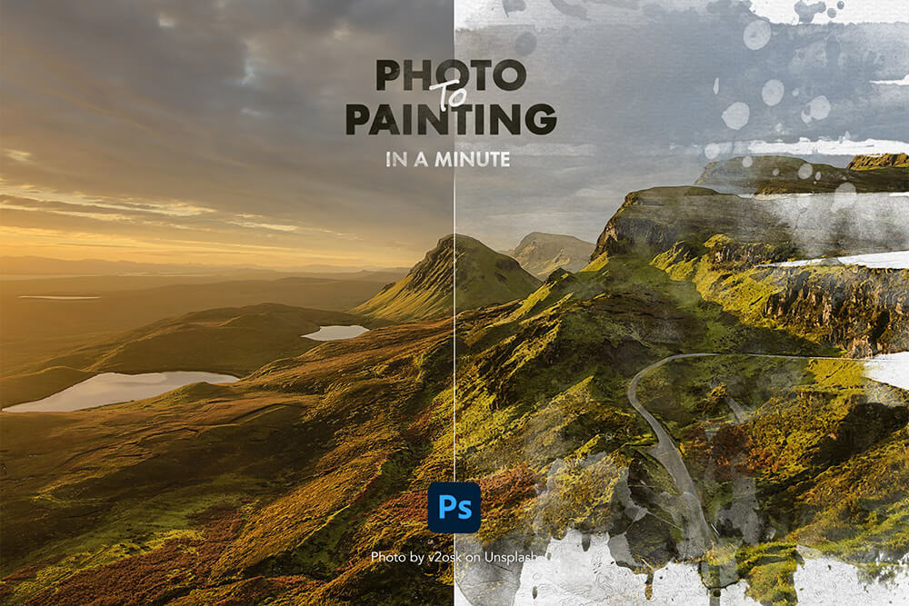 PHOTOSHOP中一键生成水彩画照片效果PSD素材模板