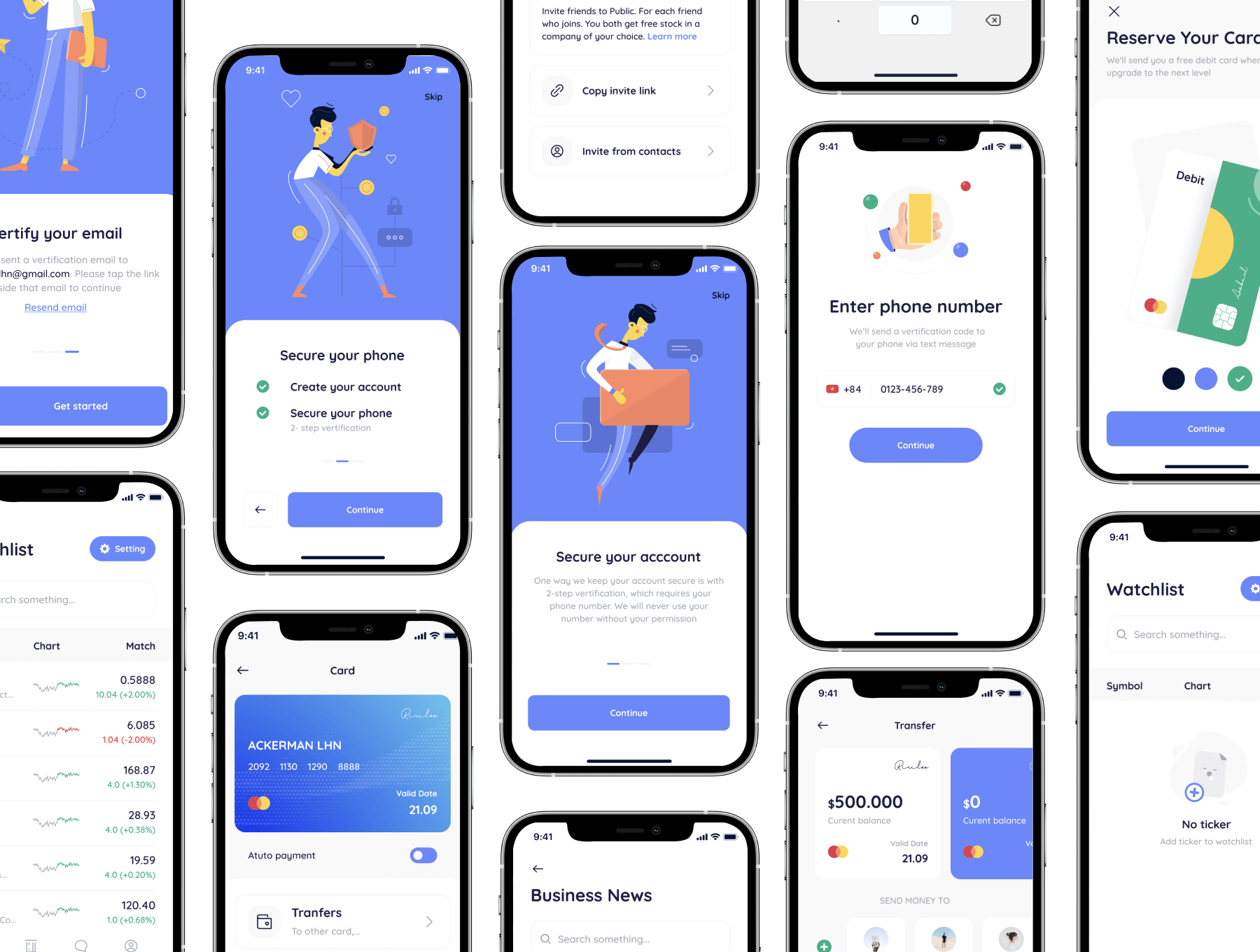 34个蓝色清爽银行交易主题APP UI界面素材包