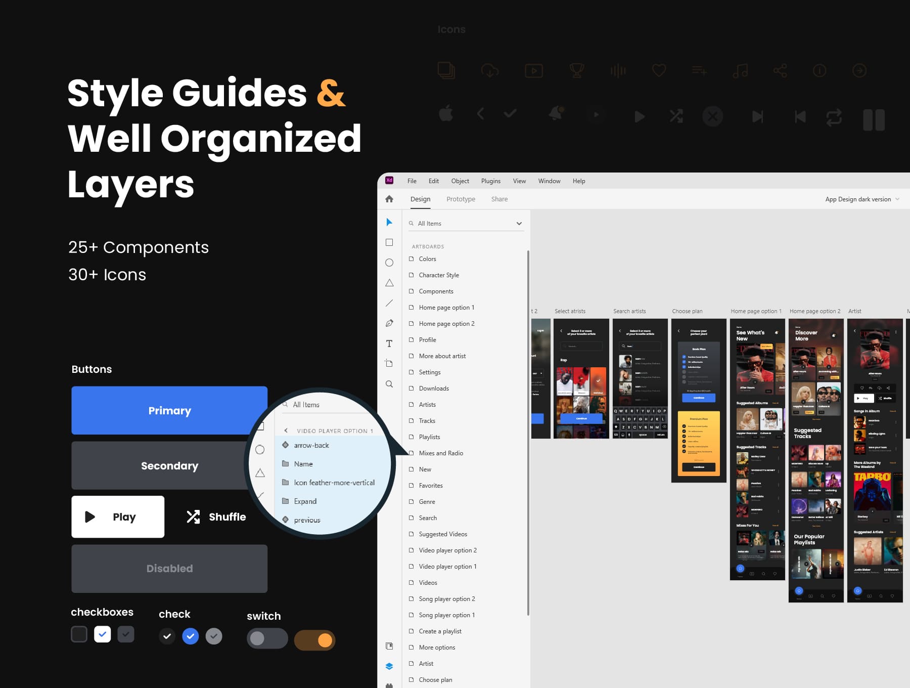 62个音乐主题类歌曲、专辑和视频播放APP UI界面素材包