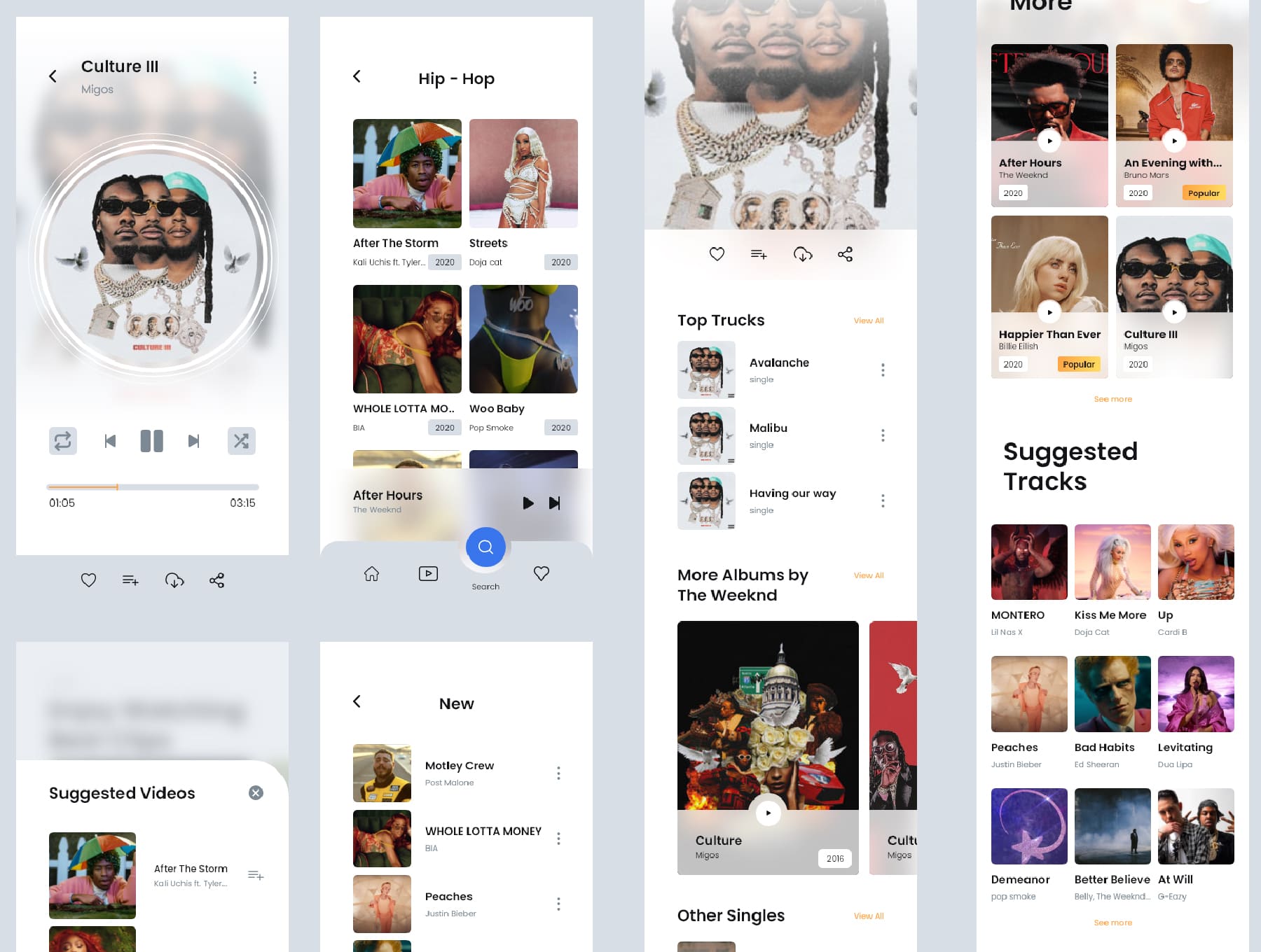 62个音乐主题类歌曲、专辑和视频播放APP UI界面素材包