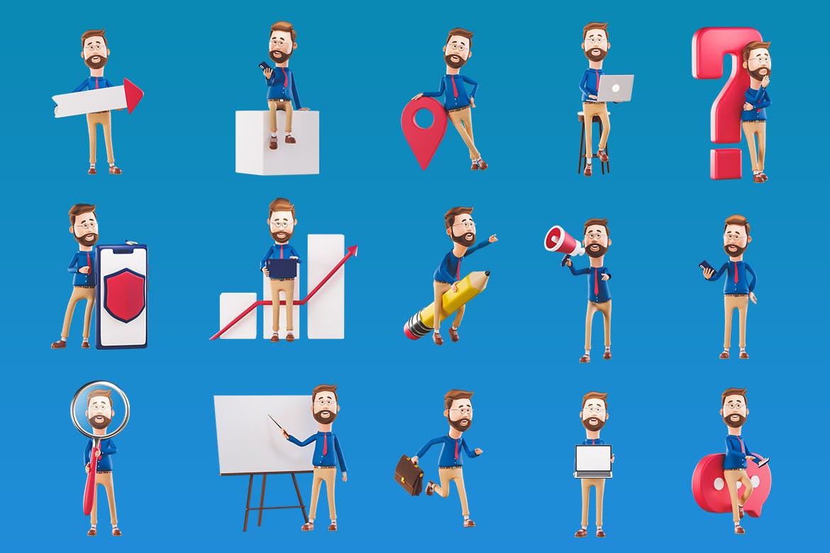 16个可爱3D卡通小人吉祥物插画素材合集