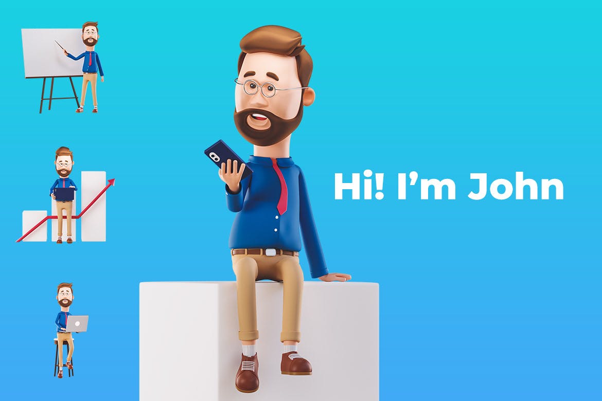 16个可爱3D卡通小人吉祥物插画素材合集