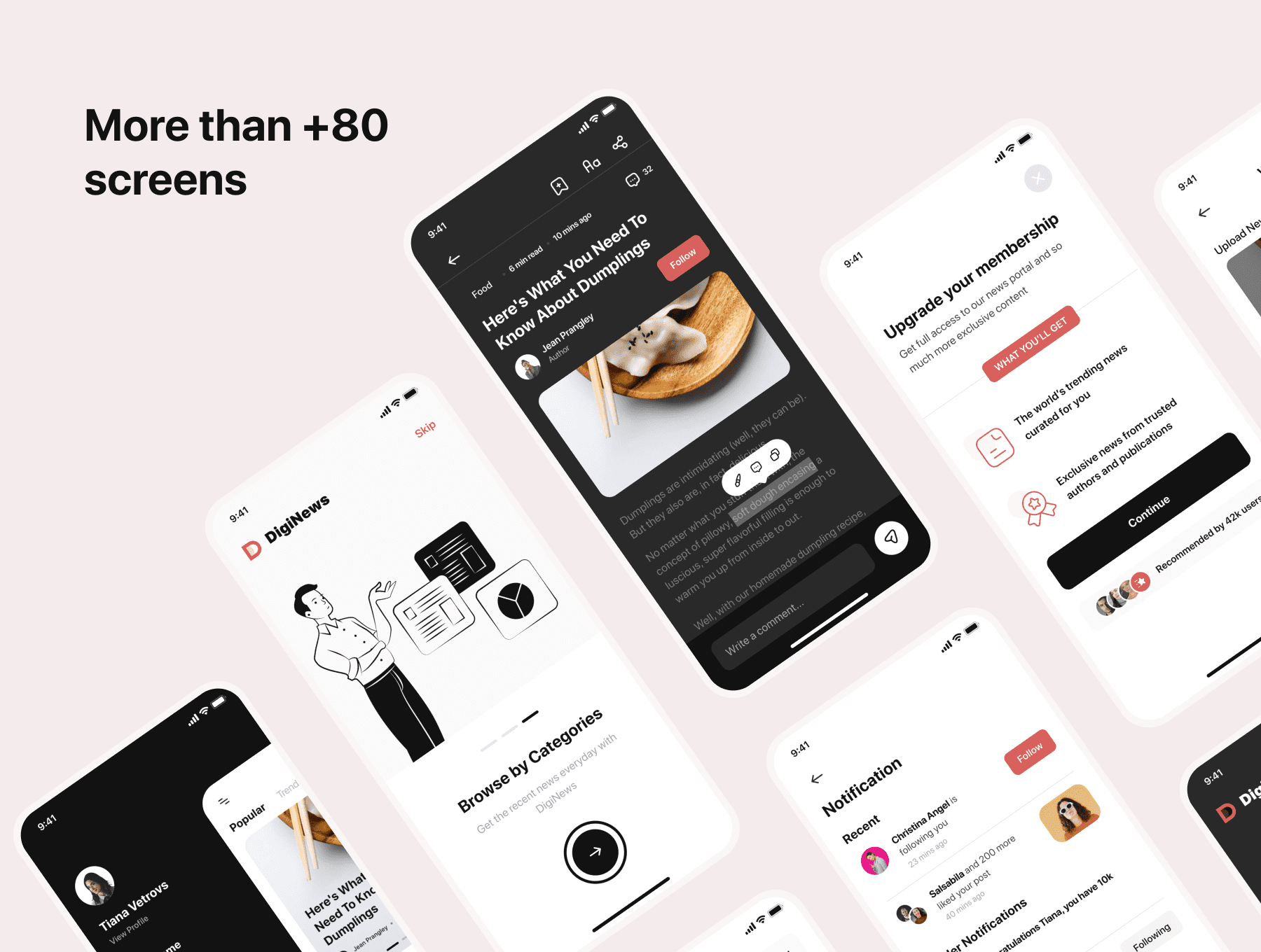 80个黑白红主色调新闻文章类移动端APP UI KIT素材包