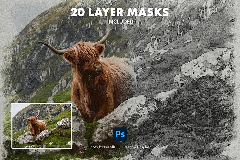 一套彩色&石墨铅笔素描照片PSD效果