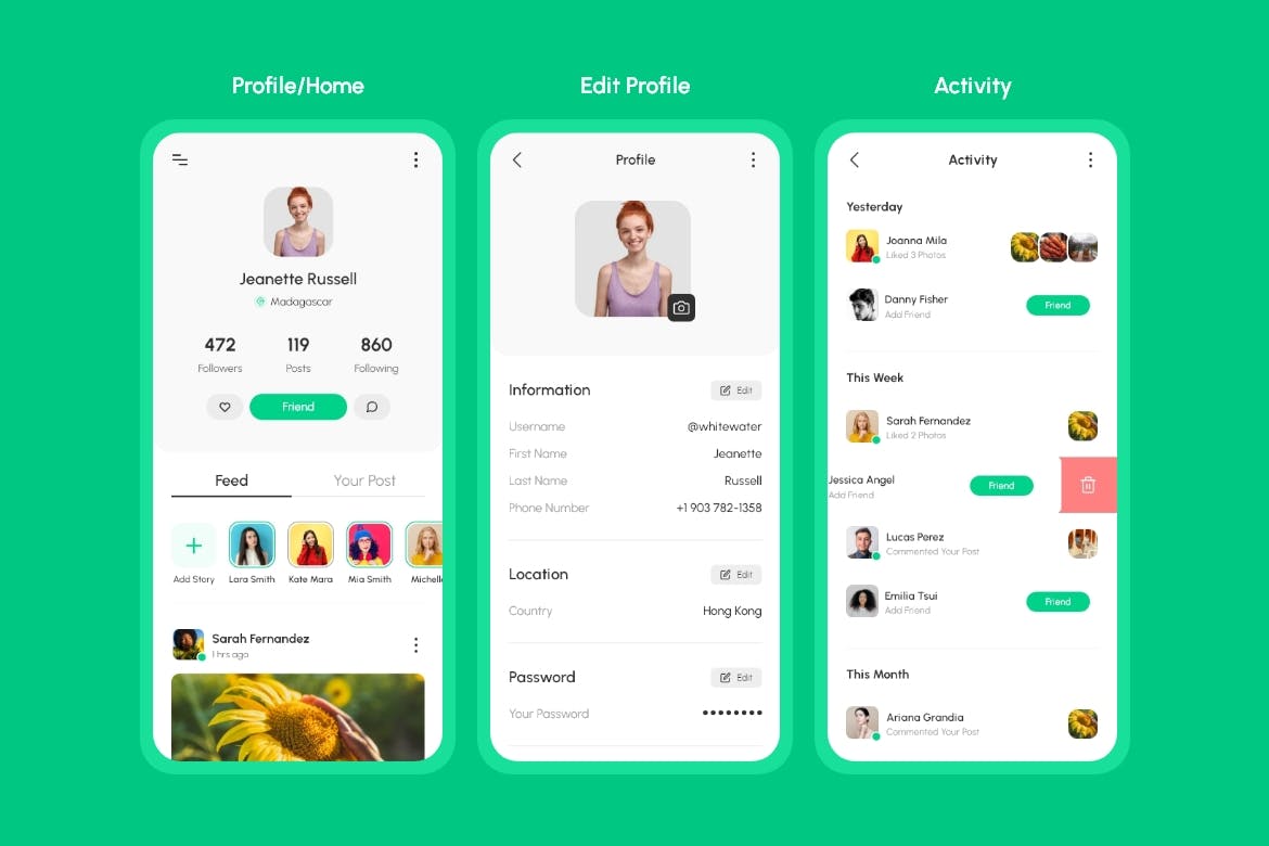 一套绿色清新社交媒体APP UI Kit素材