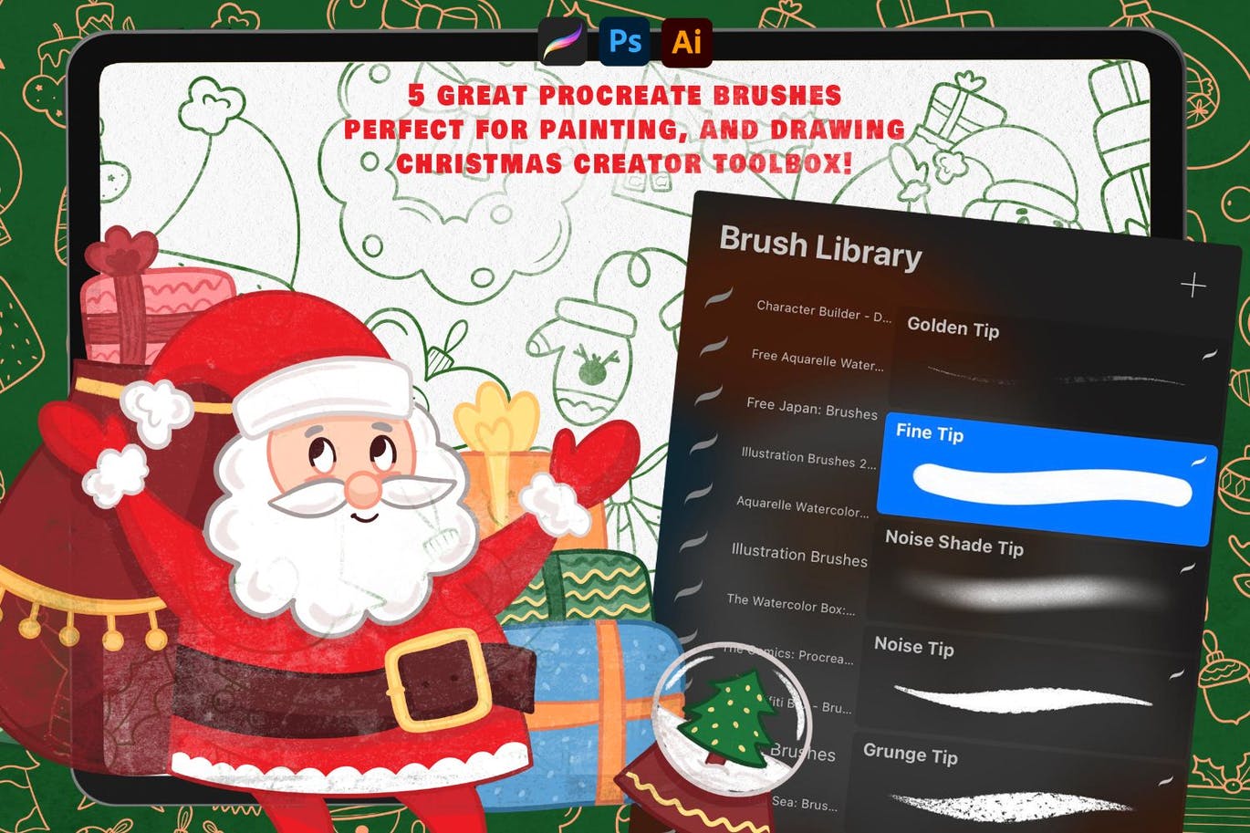 70个圣诞节元素形状PROCREATE和PS笔刷素材包
