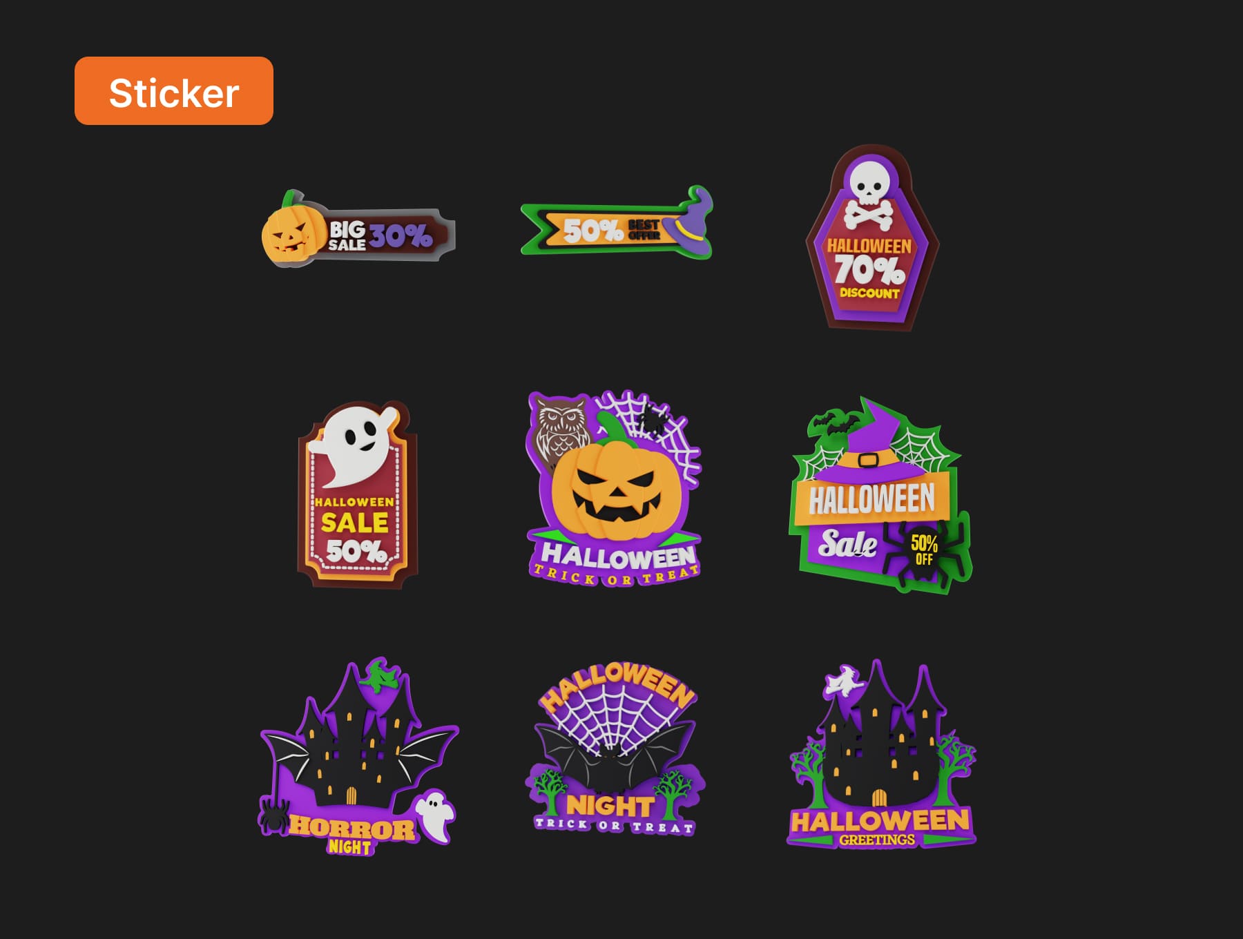 一套万圣节3D图标和贴纸素材包合集（Blender）