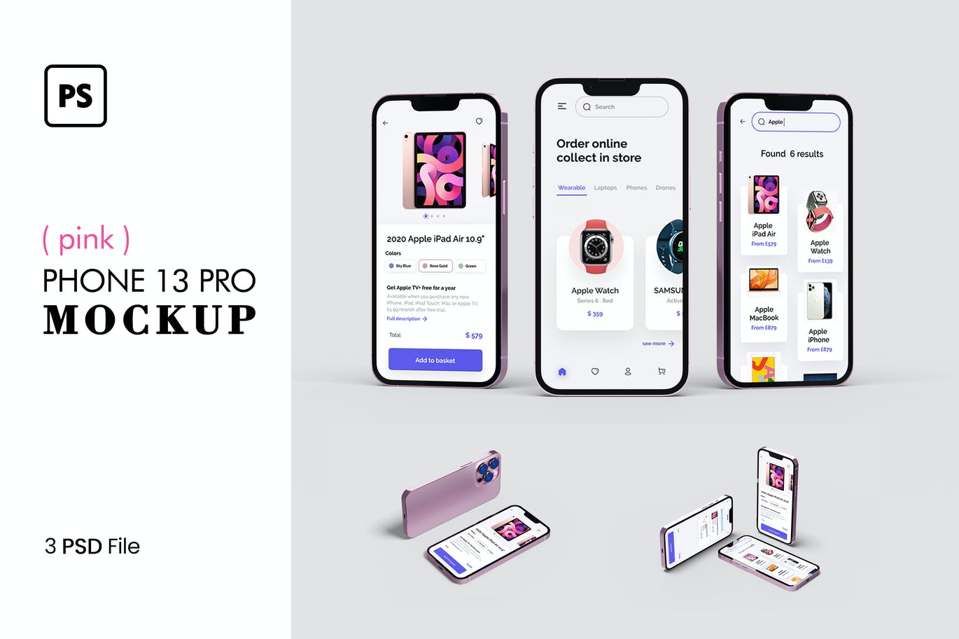 一套粉红色iPhone 13 Pro APP UI样机PSD素材