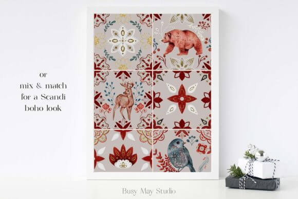 一套北欧圣诞瓷砖元素图案插画PNG图片素材