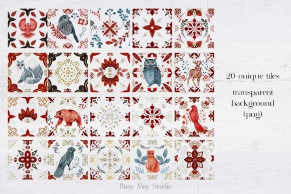 一套北欧圣诞瓷砖元素图案插画PNG图片素材