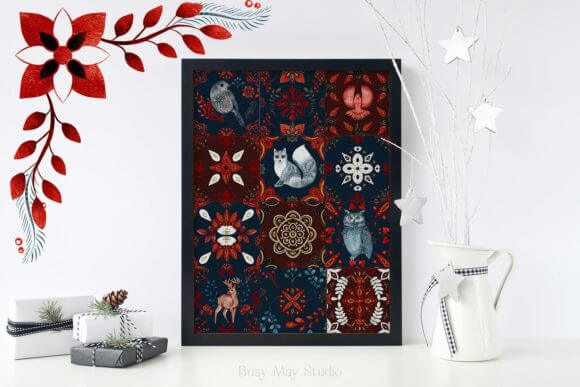 一套北欧圣诞瓷砖元素图案插画PNG图片素材