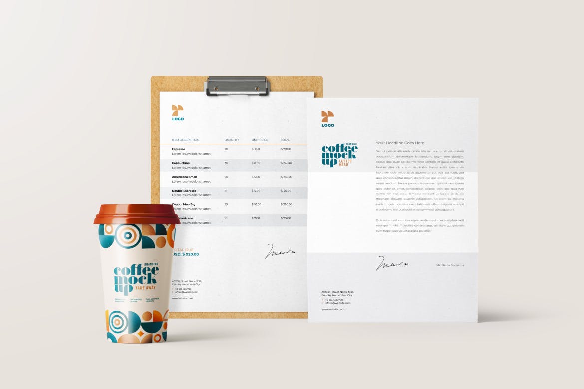 风格优雅的咖啡品牌包装设计VI样机素材（PSD）