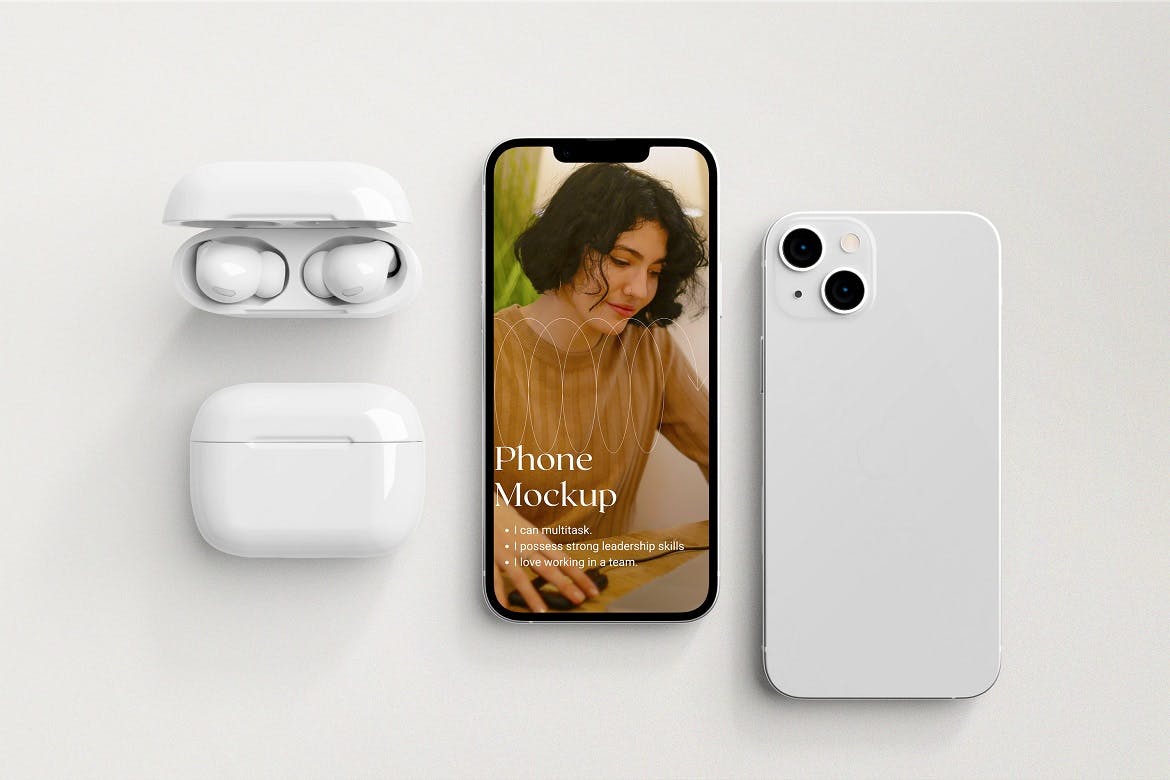 iPhone 13 柔光场景组合手机PSD样机素材