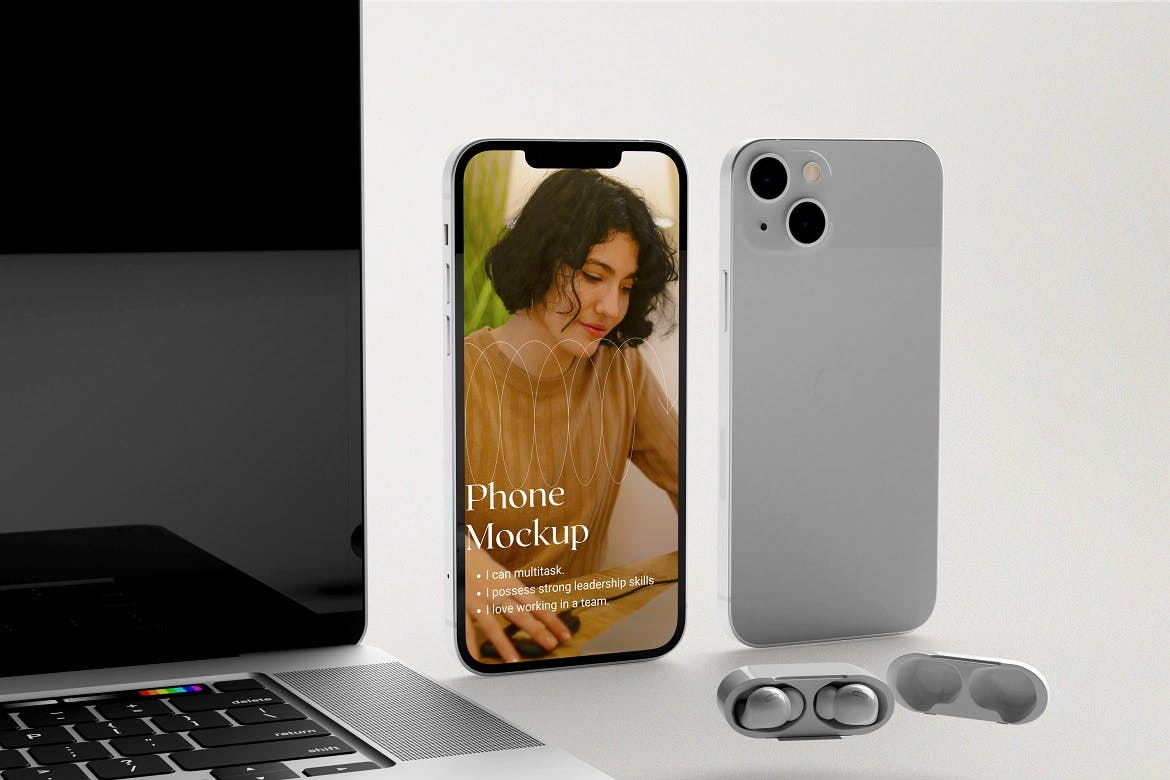 iPhone 13 柔光场景组合手机PSD样机素材