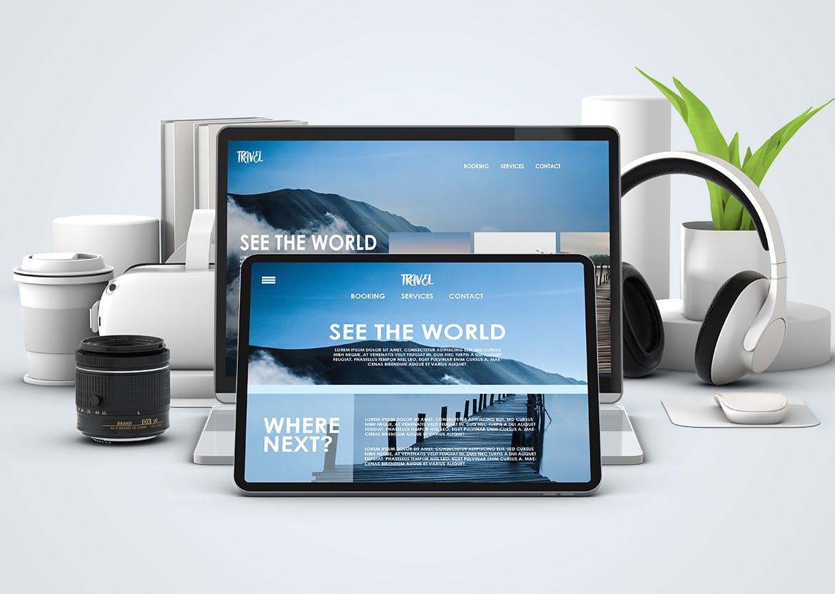 办公室场景电脑笔记本桌面样机PSD素材