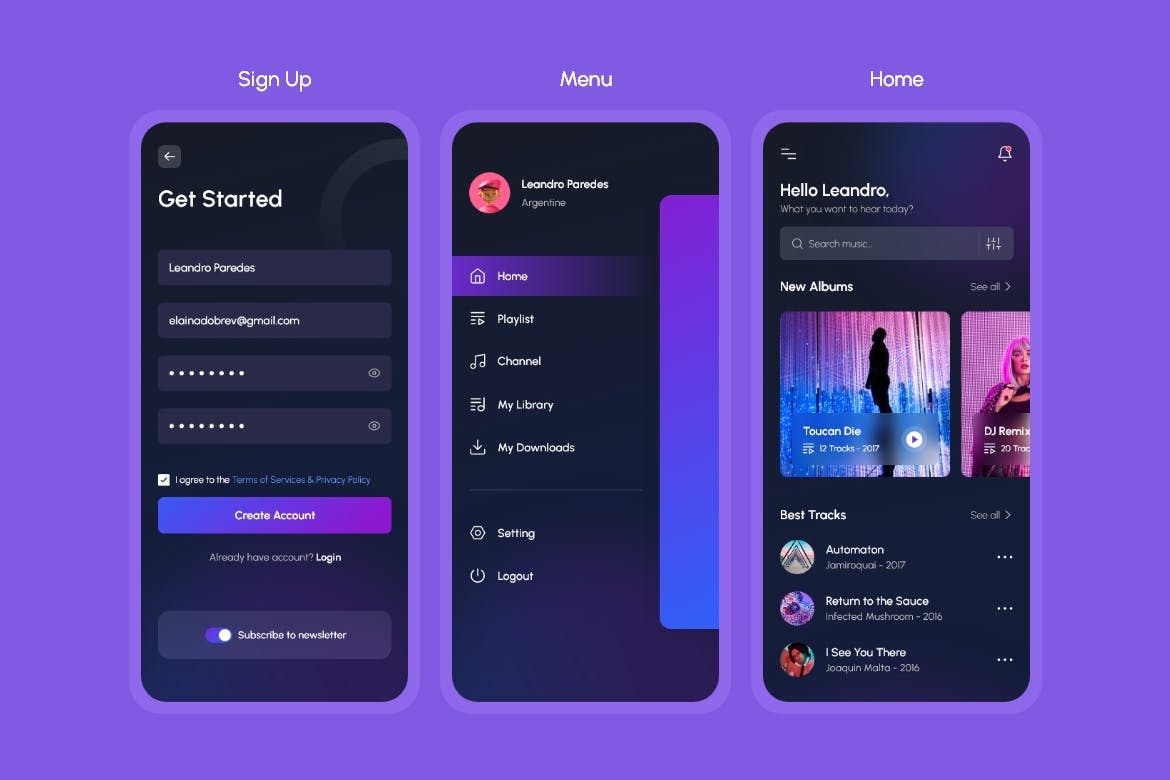 一套紫色音乐播放移动程序APP UI素材工具包