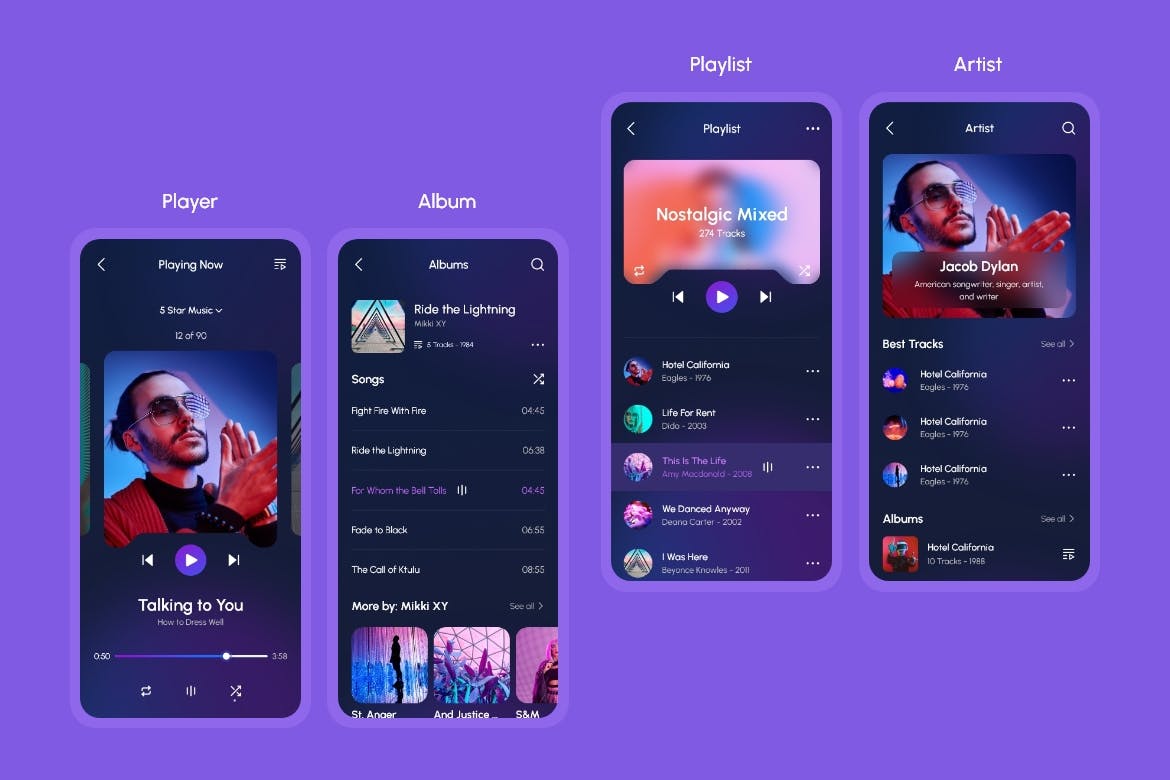 一套紫色音乐播放移动程序APP UI素材工具包